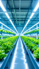 Interior view of a modern hydroponic farm.  Rows of lettuce plants under LED lights