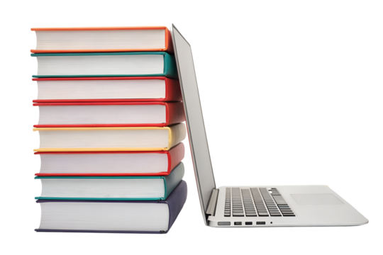 Stack of colorful hardcover books leaning against an open laptop isolated on transparent background