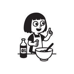 A young girl in an apron, holding a bottle of oil and pointing upwards, with a bowl and spoon on the table.