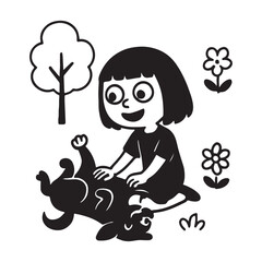 Simple Black and White Cartoon of a Girl Petting a Dog.