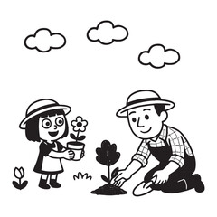 Girl and Man Planting Flowers in a Garden.