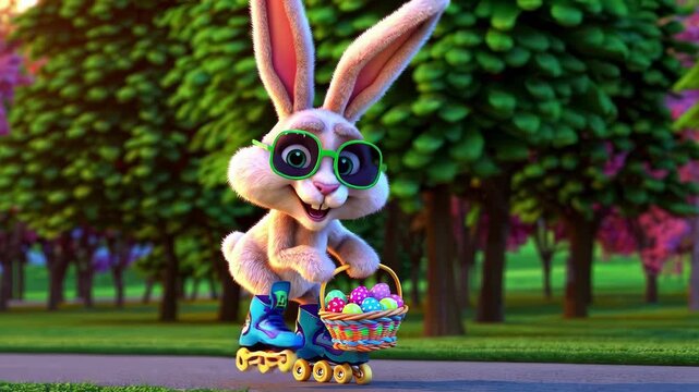 Easter bunny on roller skates with a basket of colorful eggs