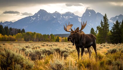 Fototapeta premium Majestic moose in a golden autumnal meadow, with majestic mountain backdrop