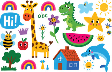 Fototapeta premium Cute Cartoon Animals and Objects Collection