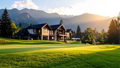 Luxurious golf resort nestled in a mountain valley at sunset. Lush green fairways and wooden homes line the landscape