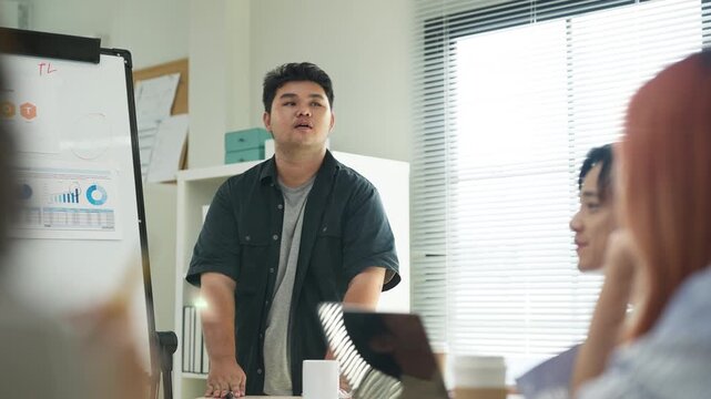 In a modern office interior, Asian business friends brainstorm a strategic growth plan. Through a hackathon and analysis, they aim to predict and summarize future business success.	