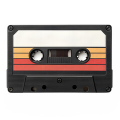 Obraz premium Retro audio cassette tape with colorful stripes and blank label isolated on transparent background