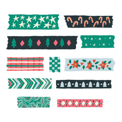Christmas Washi Tape Sticker Decoration Set. Cute Note Frame Element Collection. Doodle Vector Illustration