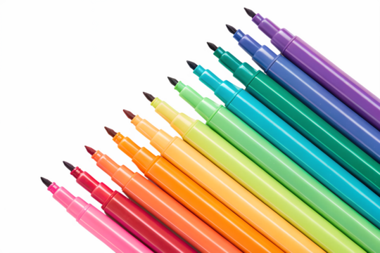 A vibrant collection of colored markers arranged in a rainbow spectrum isolated on transparent background