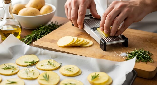 Golden potato chips food preparation with crispy crunchy texture