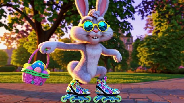 Easter bunny on roller skates with a basket of colorful eggs
