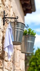 Metal planters on a stone wall with a cloth