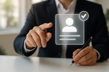 Business professional selecting digital profile with virtual checkmark for online identity verification and secure user authentication process