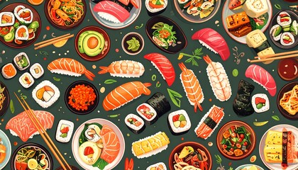 Diverse sushi and Asian food pattern