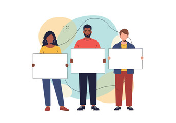 Diverse group of people holding empty white signs against abstract background promoting community engagement and social causes