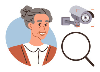 Elderly woman portrait, surveillance camera, and magnifying glass symbolizing observation, security, privacy, senior care, trust, investigation, and monitoring as a simple flat metaphor