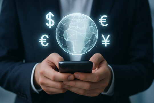 Business global finance concept with professional holding smartphone and holographic world currencies including dollar euro and yen
