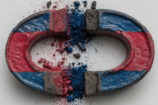 Split horseshoe magnet, colored red and blue, with scattered pigment