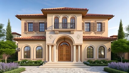 Elegant mediterranean style luxury mansion with arched windows and red tile roof