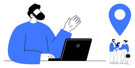 Man gestures while using a laptop, aligned with a group discussing and a location marker. Ideal for teamwork, online meetings, business, networking, remote work, collaboration, simple flat metaphor