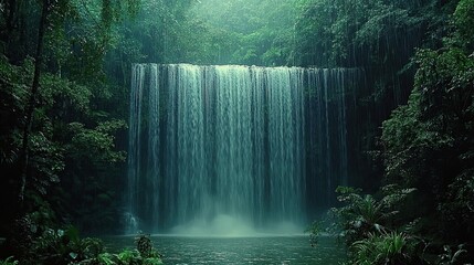 Panoramic view of the lush Amazon rainforest from behind a cascading waterfall, capturing the vibrant green flora and misty ambiance.