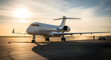 Luxury Private Jet on Tarmac at Sunset, Ready for Takeoff, Modern Corporate Aircraft at Golden Hour on the Runway