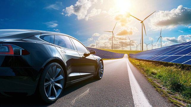 Electric car standing on highway next to solar panels and wind turbines — concept of eco-friendly technologies and sustainable future