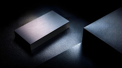 Modern geometric shapes, crafted from brushed metal, are presented against a dark textured background, illuminated by focused light.