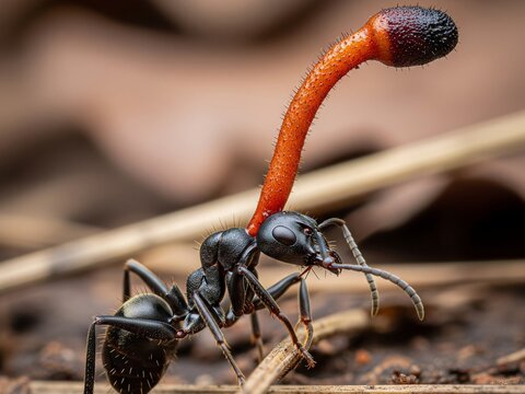 Macro of a Zombie Ant on a Green Blade of Grass