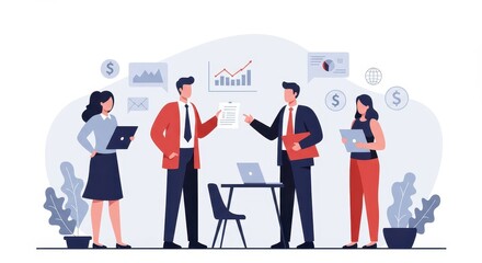 Business people engaged in a presentation or discussion, sharing documents and using technology, showcasing a collaborative work environment.