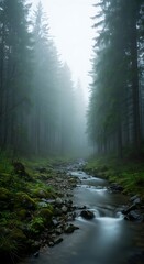 Fototapeta premium Misty Forest Creek Path Through Dense Trees.