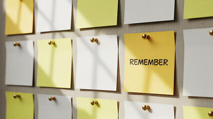 A close-up photograph of a memo board with sticky notes, one reading 'Remember', perfect for reminders and planning