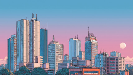 Naklejka premium 鮮やかなパステルカラーで彩られた1980年代風レトロ都会イラスト。シティポップを思わせる高層ビル群と夕暮れの空が融合し、ノスタルジックで幻想的な雰囲気を演出するグラフィック素材。