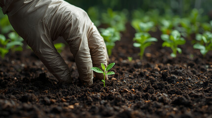 A gloved hand tending to a small green sprout in the soil