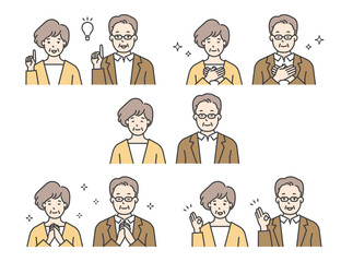 笑顔で喜ぶシニア男女の上半身イラスト