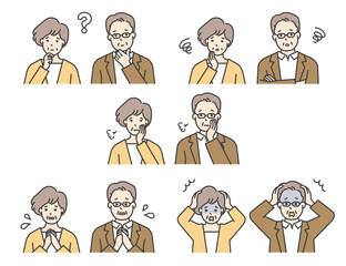 困った表情のシニア男女の上半身イラスト