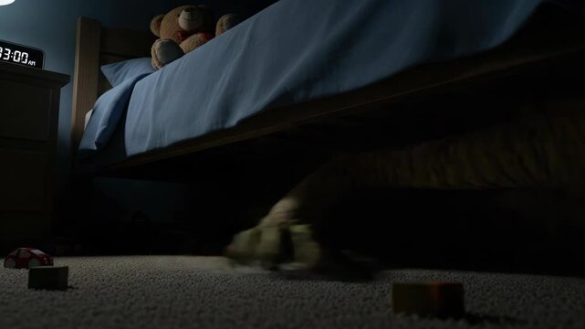 Child's room with teddy bears on bed in dark bedroom, highlighting monster under bed. Monster under bed might represent childhood fears. Image presents child's room with monster under bed,