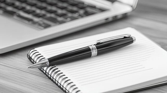 Pen and notebook on a workspace with a laptop, encouraging productivity and inspiration.