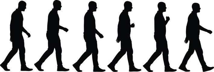 Silhouettes of man walking in various poses from different angles, isolated on white background, movement and motion concept.