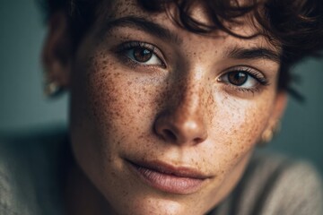 Obraz premium A close-up portrait of a beautiful woman with striking freckles and a gentle smile.