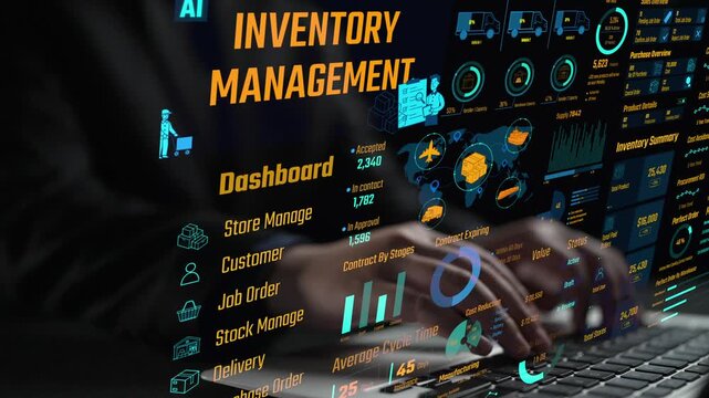 Inventory management dashboard showing supply chain performance, stock levels, order cycle times, cost reduction, and procurement ROI. Inventory tracking, and streamline warehouse efficiency. Thunk