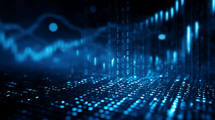 Abstract blue digital data stream with glowing lines and particles