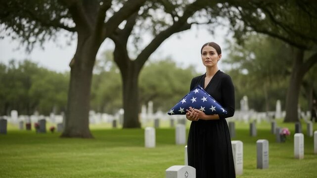 Bereaved woman holding American flag in cemetery as a symbol of patriotism. American flag folded is held tight by grieving widow.