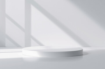 Fototapeta premium A minimalist white pedestal for product display against a clean background, illuminated with natural light.