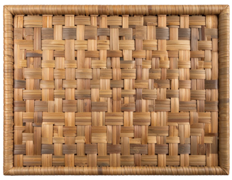 A perfectly square rattan mat displayed in a flat front view, tight and symmetrical w 751149