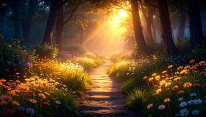 Enchanting path through a lush forest illustrated with soft lines and gentle palette