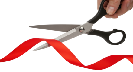 Hand with Scissors Cutting a Red Ribbon for a Grand Opening Ceremony cutout isolated on transparent bg, png