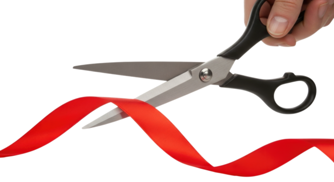 Hand with Scissors Cutting a Red Ribbon for a Grand Opening Ceremony cutout isolated on transparent bg, png - Powered by Adobe