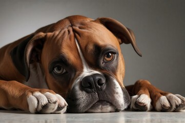 Boxer dog lying down resting head on paws 