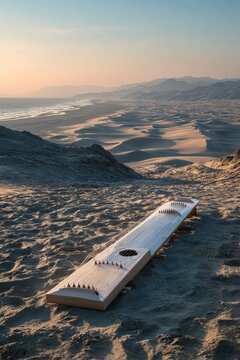 A zither rests on desert sand, overlooking a vast valley
